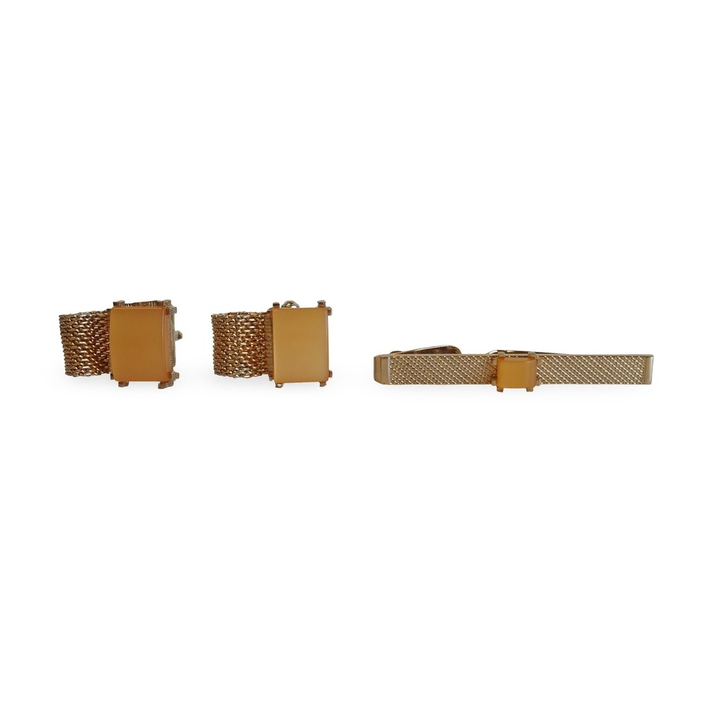 Vintage Swank Gold Tone Mesh Wrap Cufflinks Tie Clip Set Amber Lucite MCM